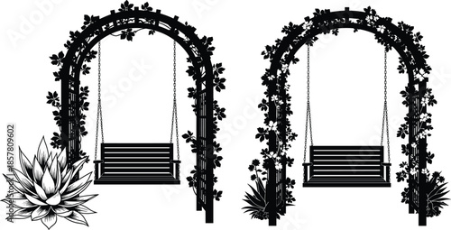 Garden swing arch silhouette set with floral vines bench seat romantic outdoor park decoration vector illustration isolated design