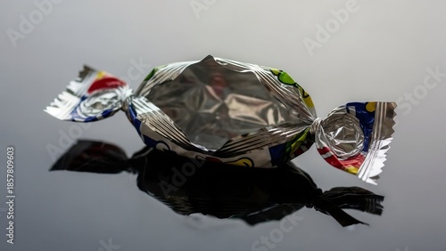 Empty chewing gum wrapper on reflective surface with colorful design  