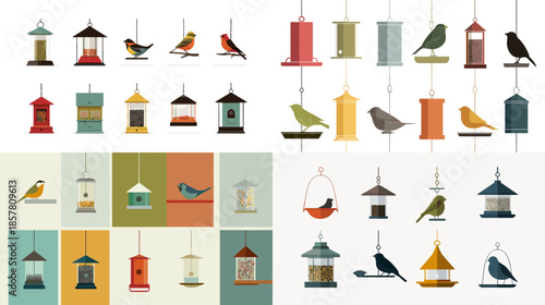 Collection of hanging bird feeders and lantern style houses designed as decorative outdoor elements for gardens patios nature scenes and rustic illustration concepts