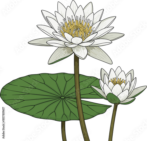 White lotus flower illustration with green leaves botanical nature plant vector design isolated elegant floral artwork for decoration backgrounds projects