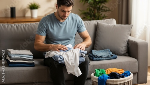 Man folding wrinkled laundry on sofa in living room  