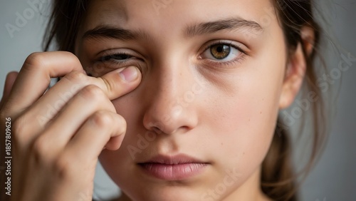 Girl rubbing itchy eye with one hand in soft light indoors  