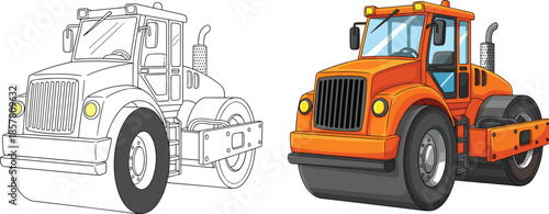 Road roller construction vehicle illustration set outline and colored heavy machinery vector design isolated industrial transport equipment