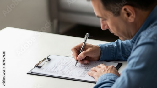 Man filling health questionnaire while sitting at a table indoors  