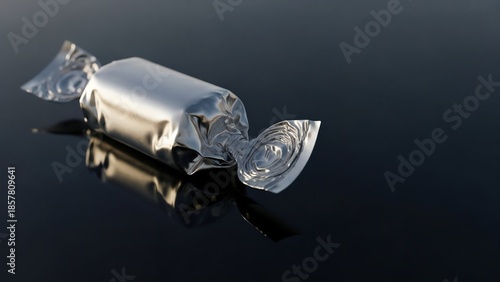 Silver wrapped candy on reflective surface  