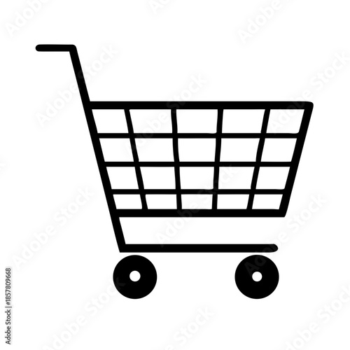 Black and white shopping cart icon with grid basket and two wheels, ideal for e-commerce and retail UI design.