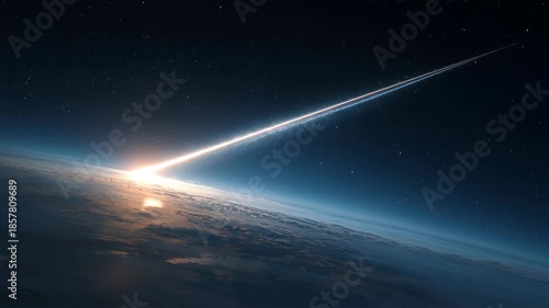 蒼い宇宙を横切る長い流星の光、壮大な天体風景