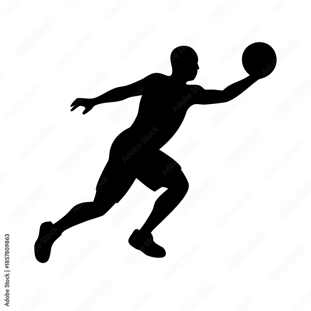 Obraz premium Black silhouette of basketball player in action pose, ideal for sports, fitness, and athletic UI design.