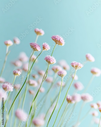 Soft pink wild flowers on pastel blue background with airy composition