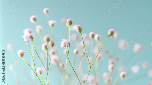 Soft pink wild flowers with slender stems on pastel blue background with copy space