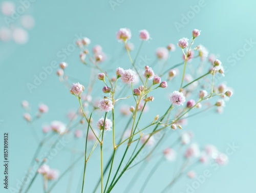 Soft pink wild flowers on pastel blue background with shallow depth of field