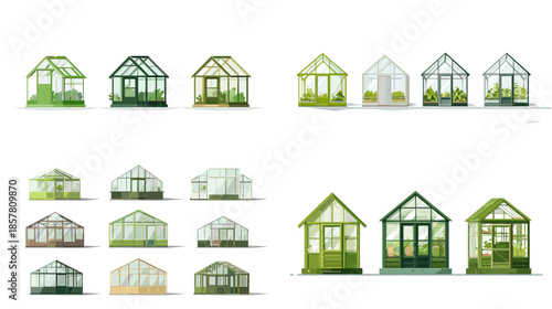 Collection of greenhouse buildings in different shapes and perspectives designed for gardening education farming concepts botanical projects and eco friendly illustrations