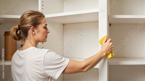 Woman wiping empty shelves with a yellow cloth in a bright kitchen  