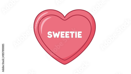 Pink heart-shaped candy with sweetie text on white background