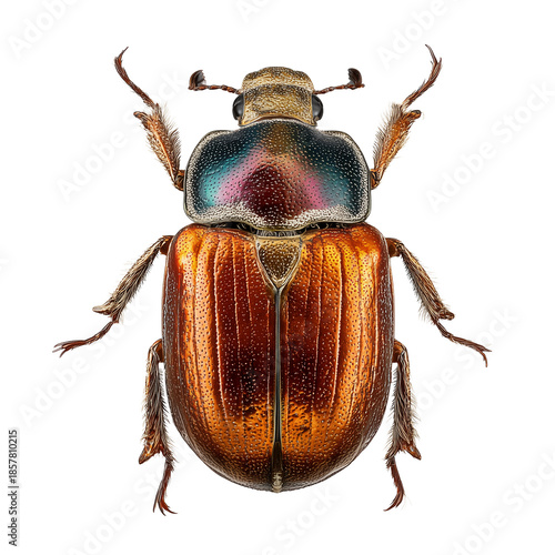 A macro view of a stunning iridescent beetle with a vibrant metallic copper-orange body and colorful head