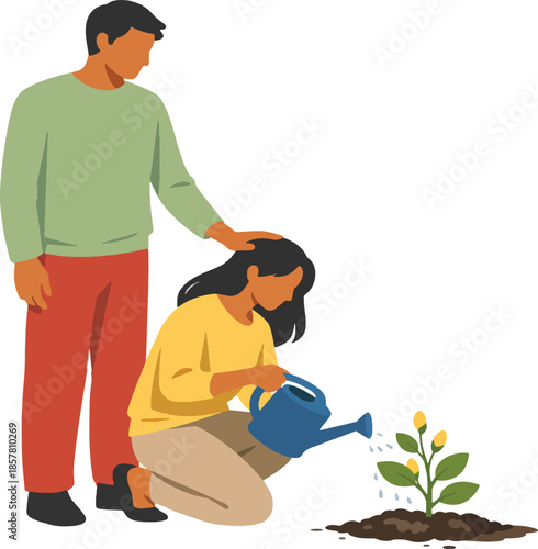 Couple nurturing a young plant sprout in soil with a watering can