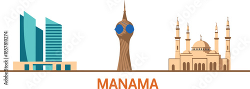 Bahrain Manama Skyline Vector Illustration Featuring Iconic Landmarks Skyscrapers Al Fateh Grand Mosque World Trade Center and Financial District Architecture Isolated