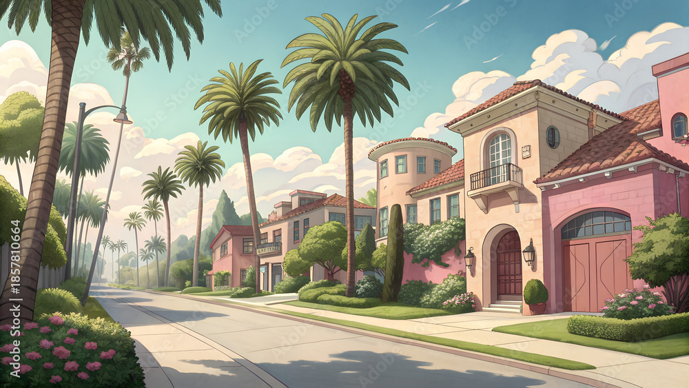 Fototapeta premium Palm Trees and Pastel Houses