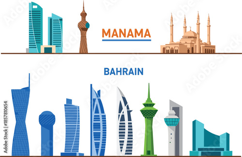Manama Bahrain Skyline Landmarks Vector Illustration Featuring Iconic Architecture Skyscrapers Al Fateh Grand Mosque and Financial District Cityscape Graphics Isolated