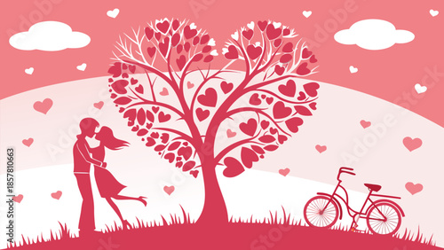 A romantic scene featuring a couple embracing beneath a heart shaped tree with scattered hearts silhouette