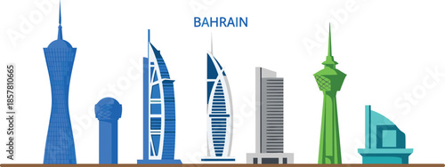Modern Bahrain Skyline Vector Illustration Featuring Iconic Landmarks Skyscrapers World Trade Center Financial Harbor and Urban Cityscape Architecture Elements