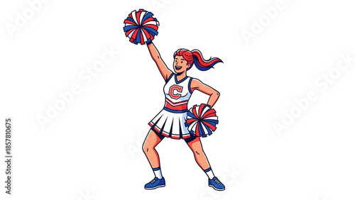 Cheerful cheerleader with pom-poms in dynamic pose illustration
