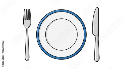 Minimalistic flatware and plate illustration on white background