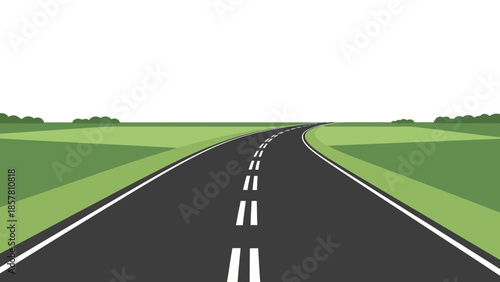 Long empty road through green fields with clear sky