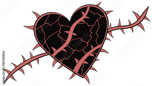 a detailed illustration of a broken heart design with thorns and cracks depicted as a striking silhouette