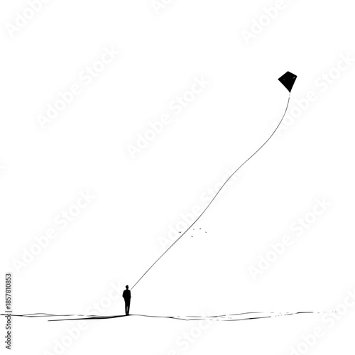 Minimalist black and white art of a man flying a kite on a windy day drawing illustration vector image