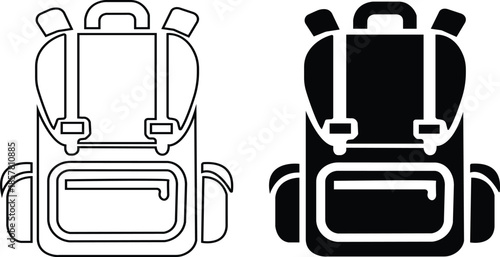 Black travel bag icon set in flat and line style, luggage symbol collection featuring backpacks, suitcases and trolley group, minimal monochrome baggage vector illustration pack with synonym elements