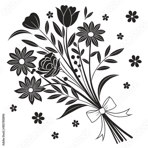 a delicate arrangement of black floral shapes and leaves tied with a ribbon a stunning silhouette