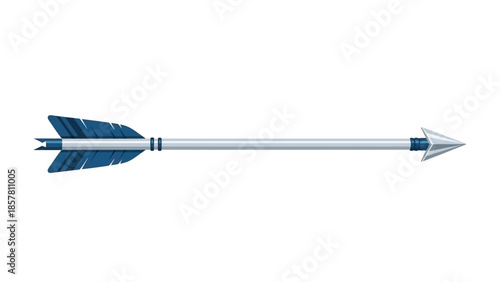 Realistic metallic arrow with blue fletching on white background