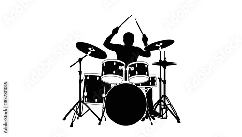 Silhouette of a drummer playing a drum kit on a white background