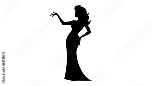 Elegant woman silhouette in long evening gown on white background