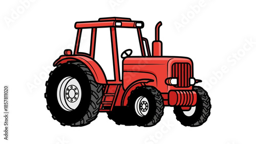 Red tractor illustration with black wheels on white background