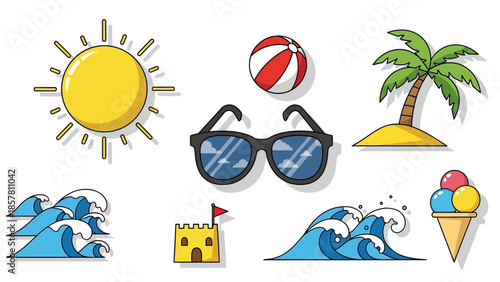 Summer icons set with sun, waves, palm tree, and sunglasses