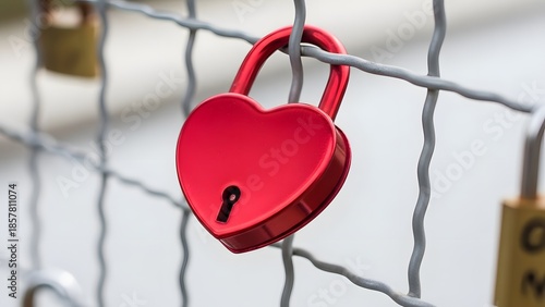 Theme Valentine's Day, Red heart shaped padlock on metal fence with love locks