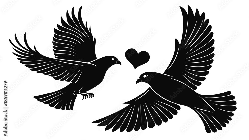 Fototapeta premium Two birds in flight are facing each other with a heart between them a striking silhouette