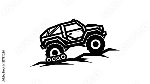 Off road monster truck climbing steep rocky terrain.