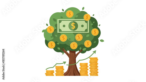 Money tree illustration with coins and dollar bills on branches