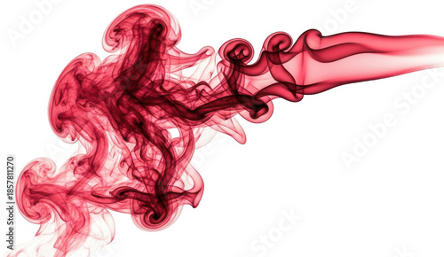 Ethereal, swirling crimson and rose-tinted smoke gracefully ascends and disperses in a dynamic, flowing motion, exhibiting a semi-transparent, wispy texture with, isolated on transparent background.
