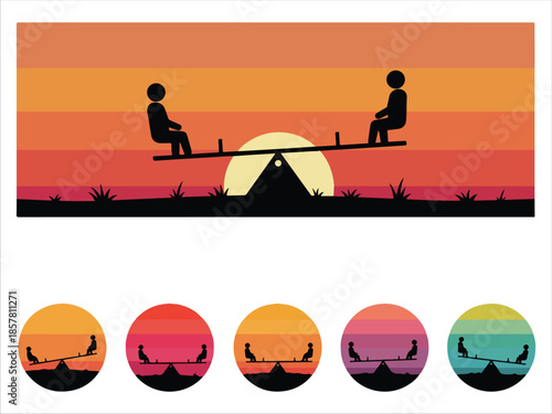 Silhouettes of People on Seesaw Sunset Landscape Design
