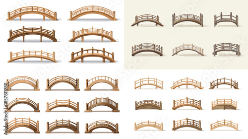 Set of wooden bridges in multiple shapes and perspectives designed as decorative landscape elements for park garden architecture and fantasy illustration projects