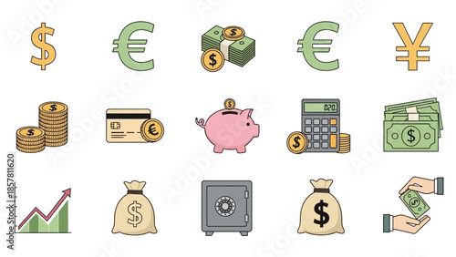 Colorful Financial Icons Set with Currency and Banking Symbols