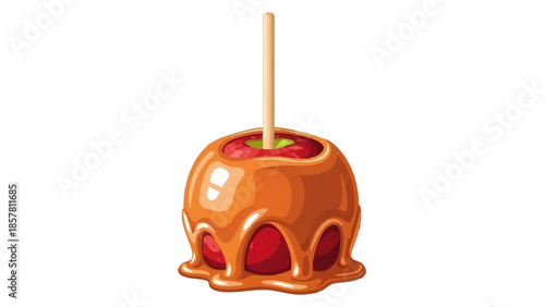 Caramel-coated apple with stick on white background