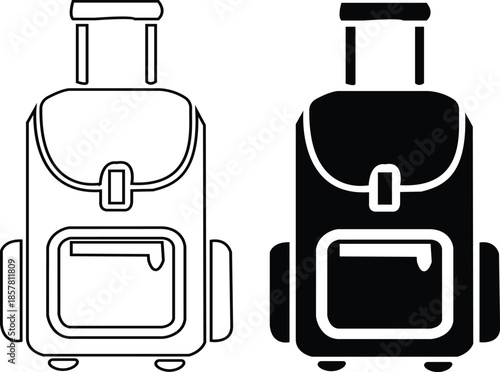 Black travel bag icon set in flat and line style, luggage symbol collection featuring backpacks, suitcases and trolley group, minimal monochrome baggage vector illustration pack with synonym elements