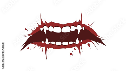 Vampire fangs with blood splatter on white background
