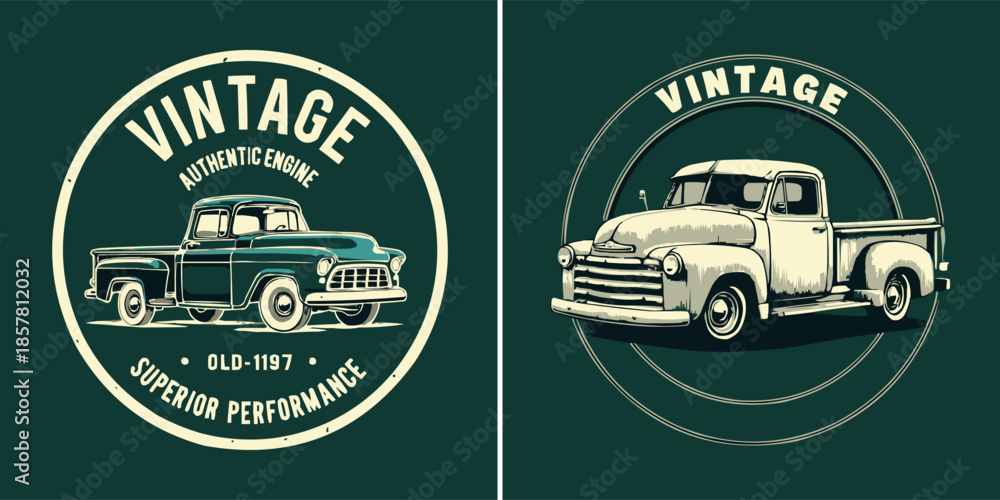 Obraz premium Collection of two distinct vintage pickup truck illustrations framed with classic circular emblems and bold typography elements.