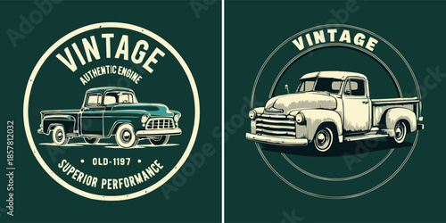 Collection of two distinct vintage pickup truck illustrations framed with classic circular emblems and bold typography elements.